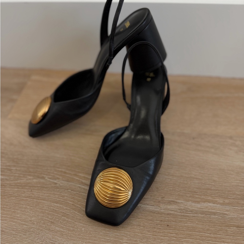 Black Zara Slingback Heels with Gold Medallion Accent Genuine Leather. Size 37